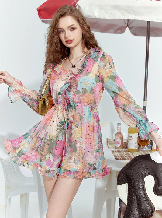 French V-Neck Waist Floral Dress