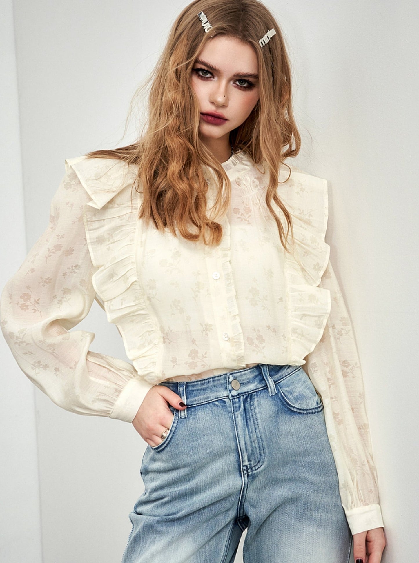 Balloon Sleeve Floral Chiffon Shirt