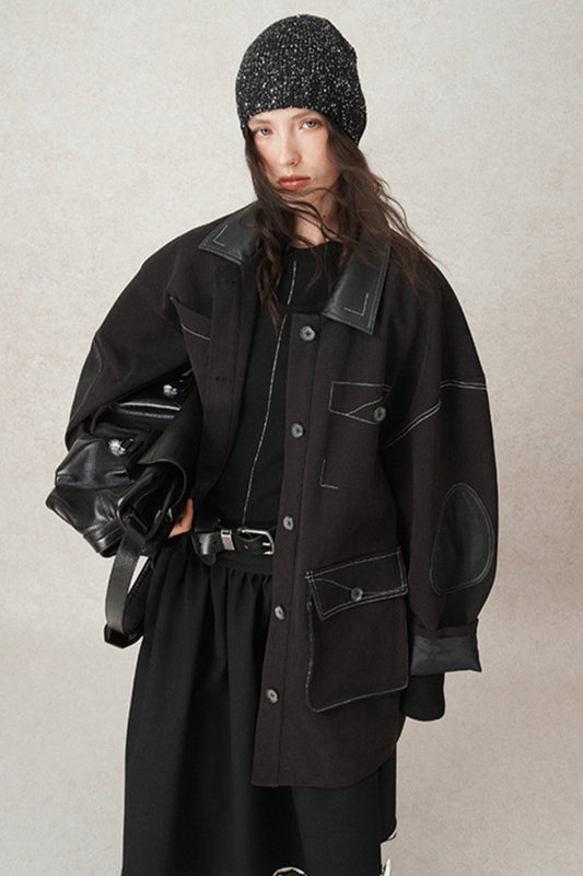 Retro Dropped-Shoulder Leather Coat