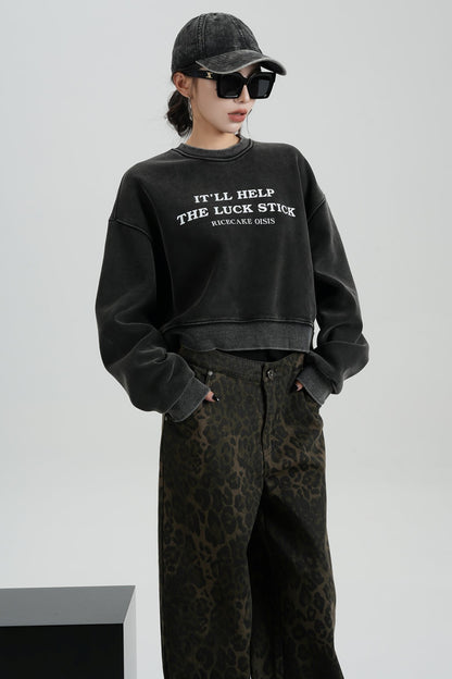 SRYSAME Alphabet Cropped Fleece Rundhalsausschnitt Sweatshirt Langarm Lose Pullover Top Neue Herbst Winter Damenmode