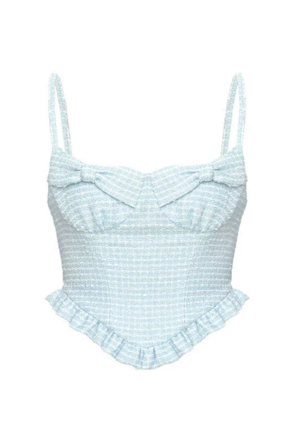 Powder Blue Tweed Ruffle Corset Top