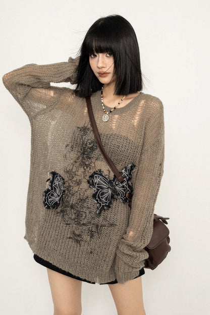 Vintage Butterfly Embroidery Mesh Knit Sweater