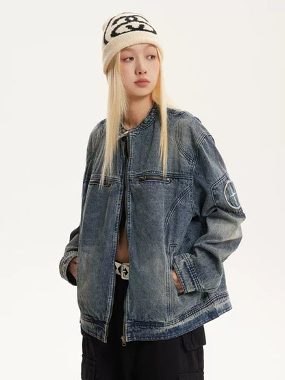 American Retro Washed Denim Biker Jacket