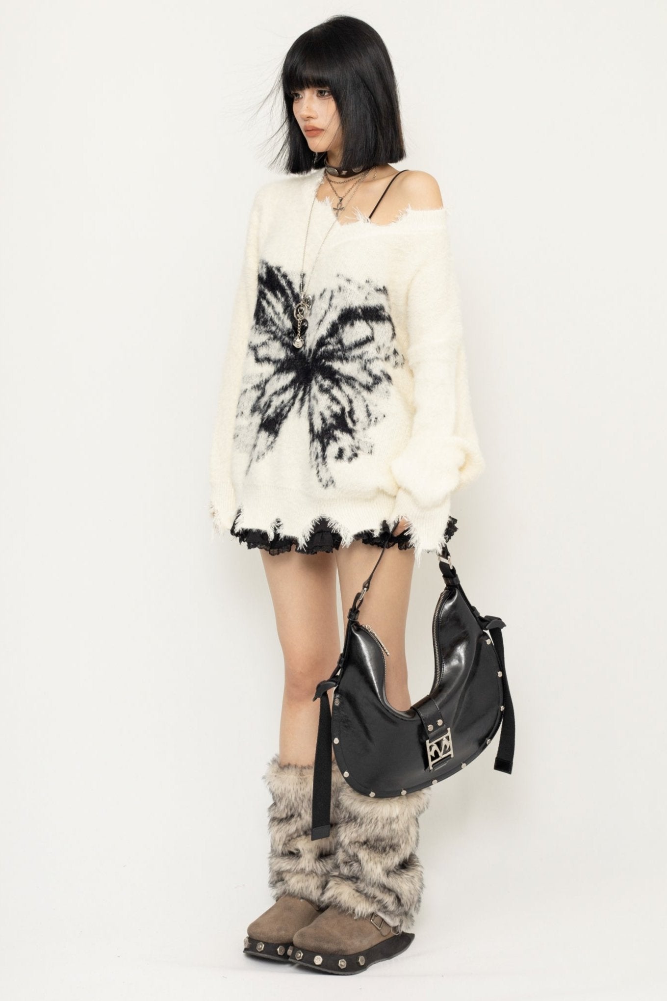 Frayed Sweater Butterfly Print Top