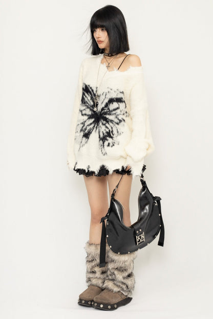 Frayed Sweater Butterfly Print Top