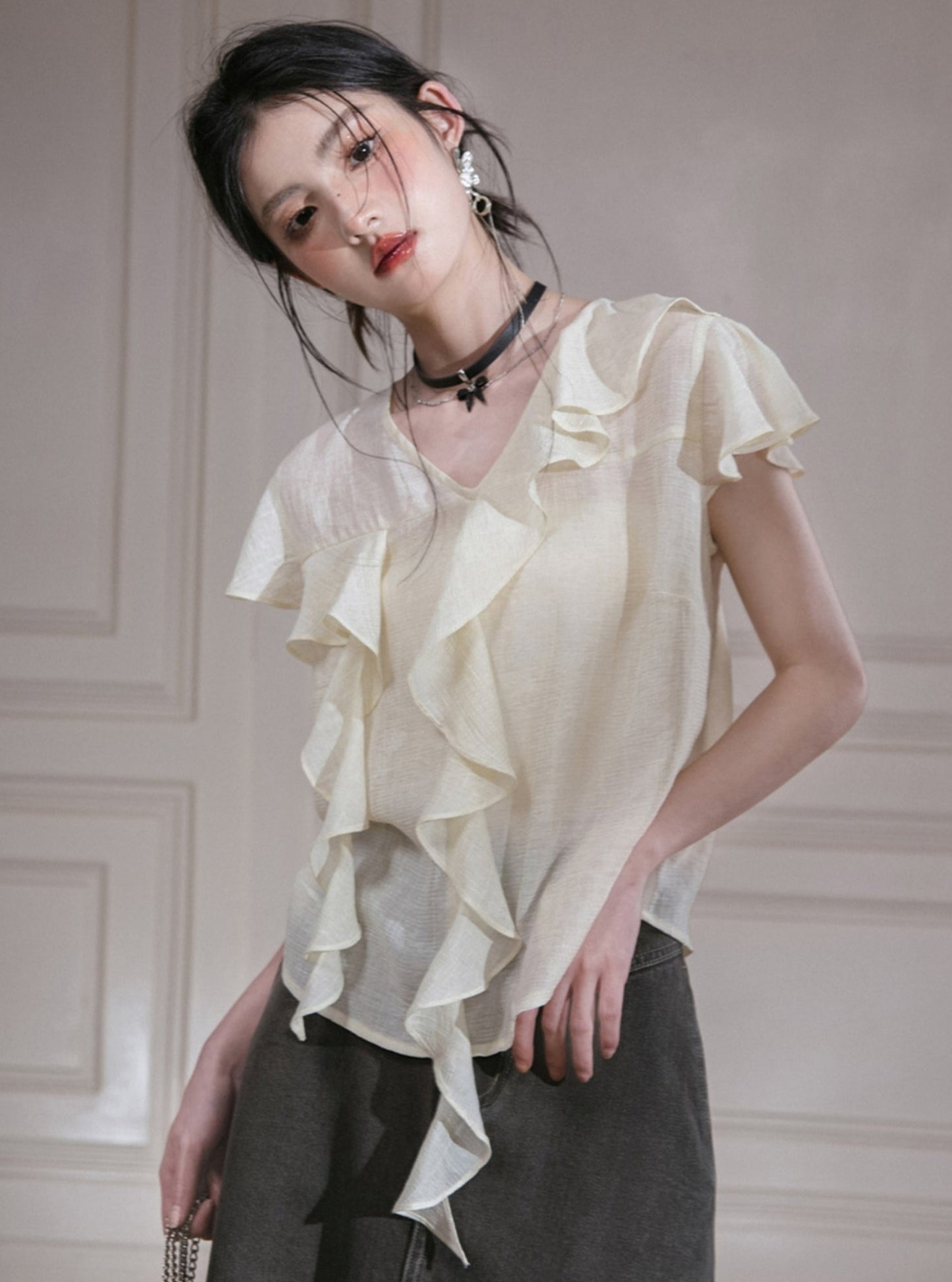 Ruffled Chiffon Shirt Base Two Set