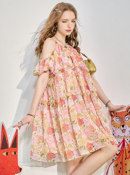 Halterneck Off-Shoulder Floral Dress