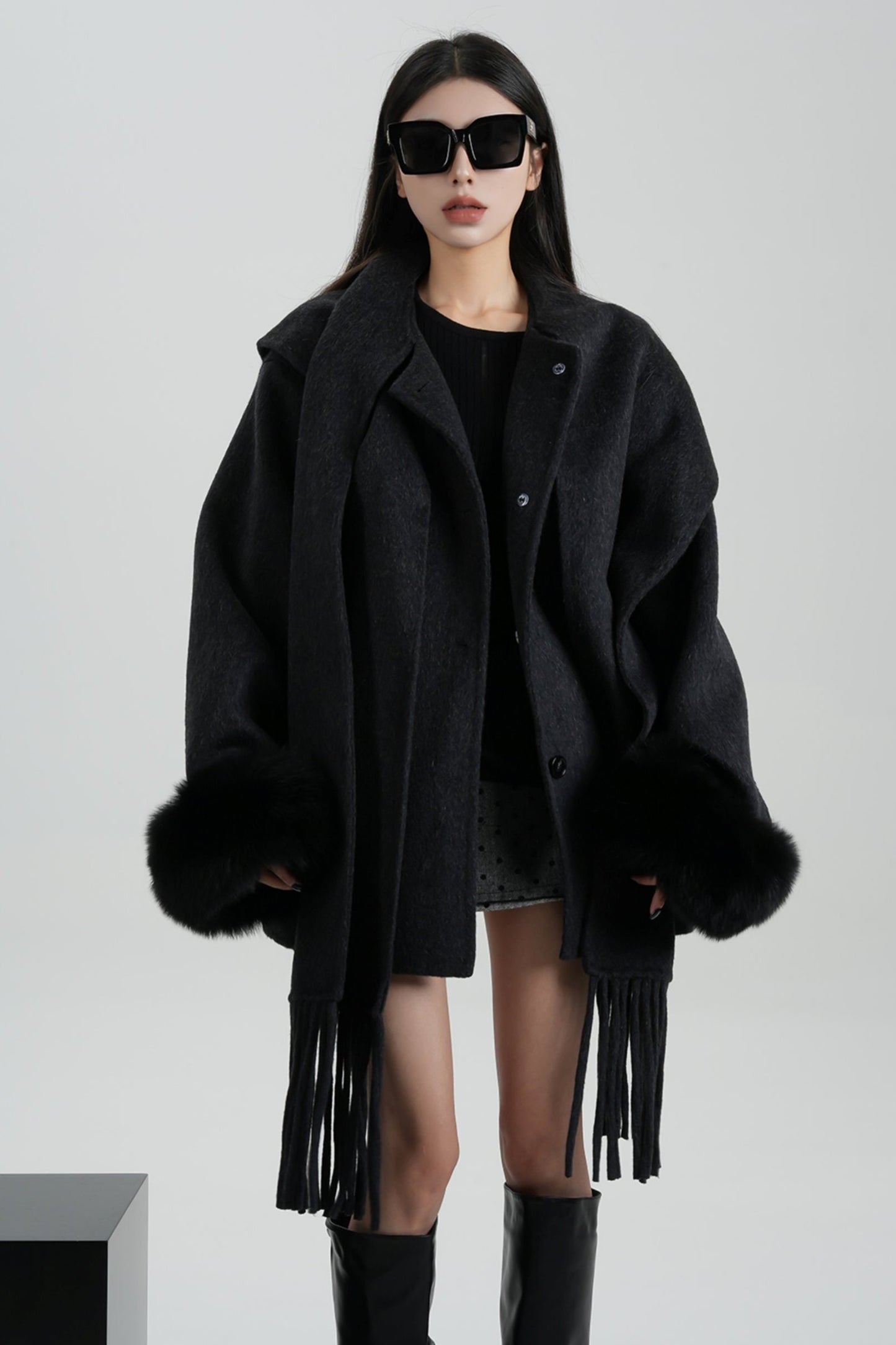 Fox Fur Sleeve Mid-Length Wool Coat