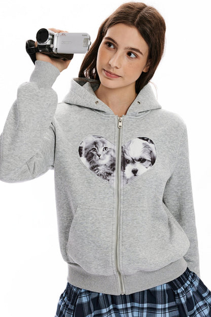 APEA American lässig Gefühl Katze und Hund Liebe Nähen Reißverschluss Top Frauen neue schlanke Kapuze Strickjacke Sweatshirt Jacke