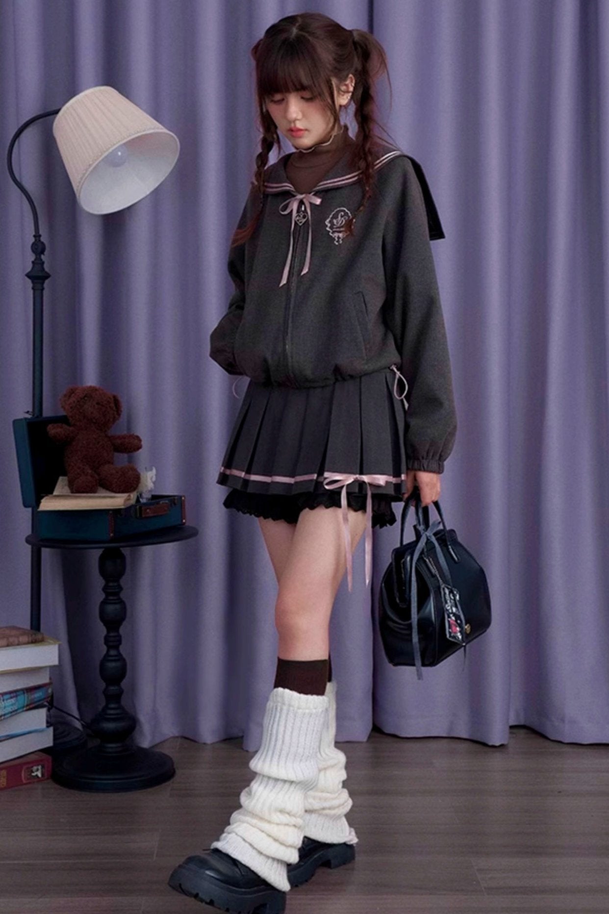 SagiDolls Girl's Fighting Spirit Sakurakai High School College Style Bow Sailor Collar Jacket Short Skirt Looks Thin and Thick