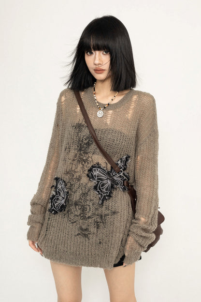 Vintage Butterfly Embroidery Mesh Knit Sweater