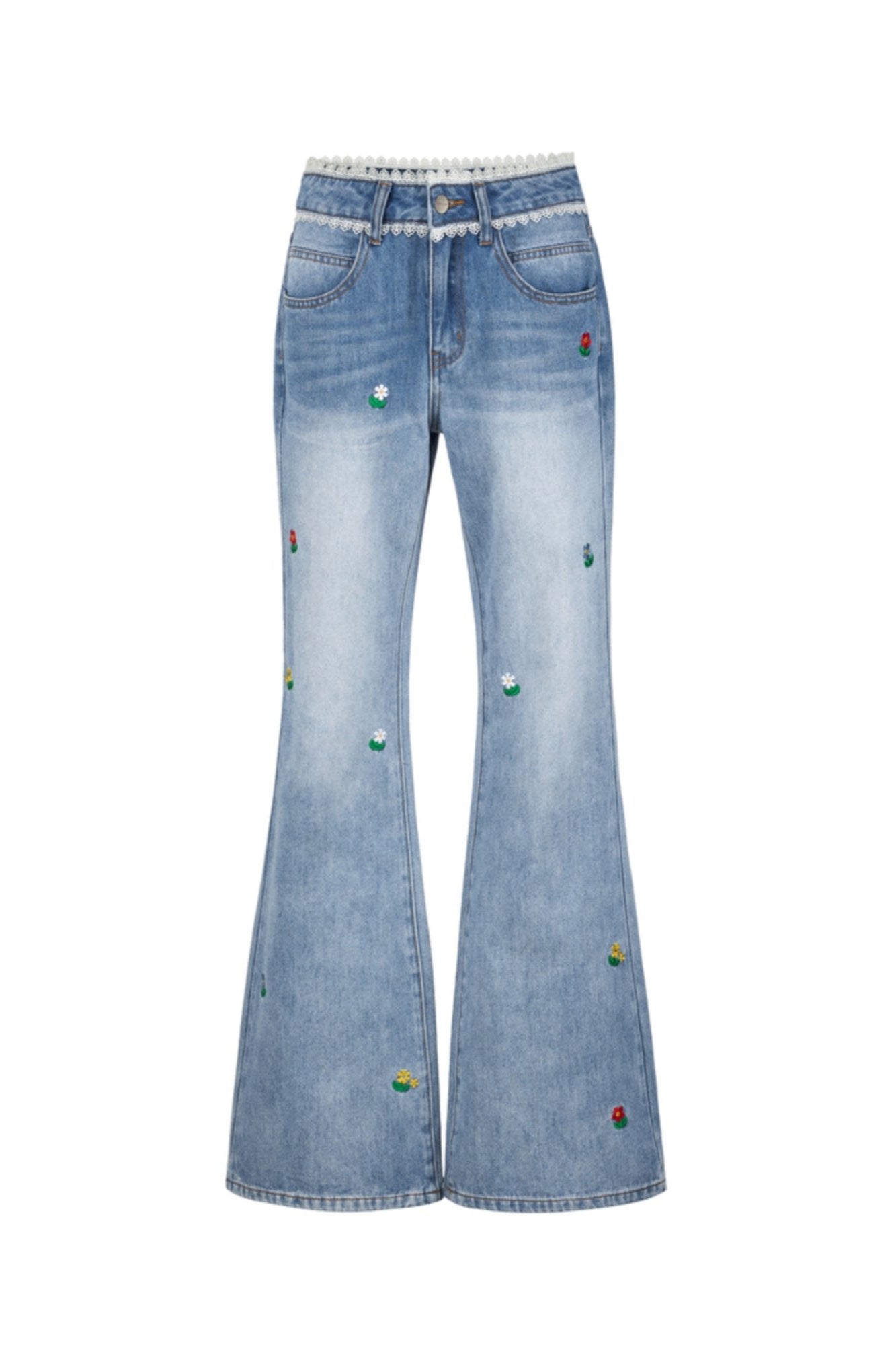 AYF small flower embroidery jeans French retro water system bootcut slim light embroidery simple jeans women