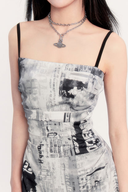 Retro Punk Pictorial Print Slip Dress