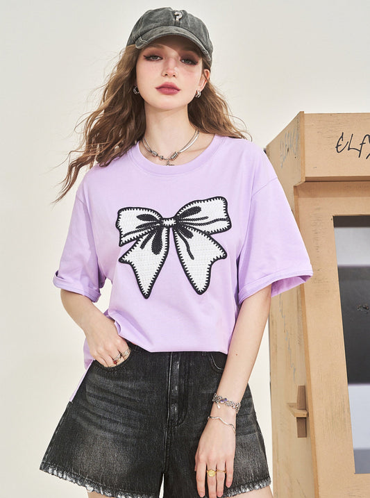 Bow T] Fairy pocket print loose short sleeve T-shirt women's 24 summer new casual versatile top