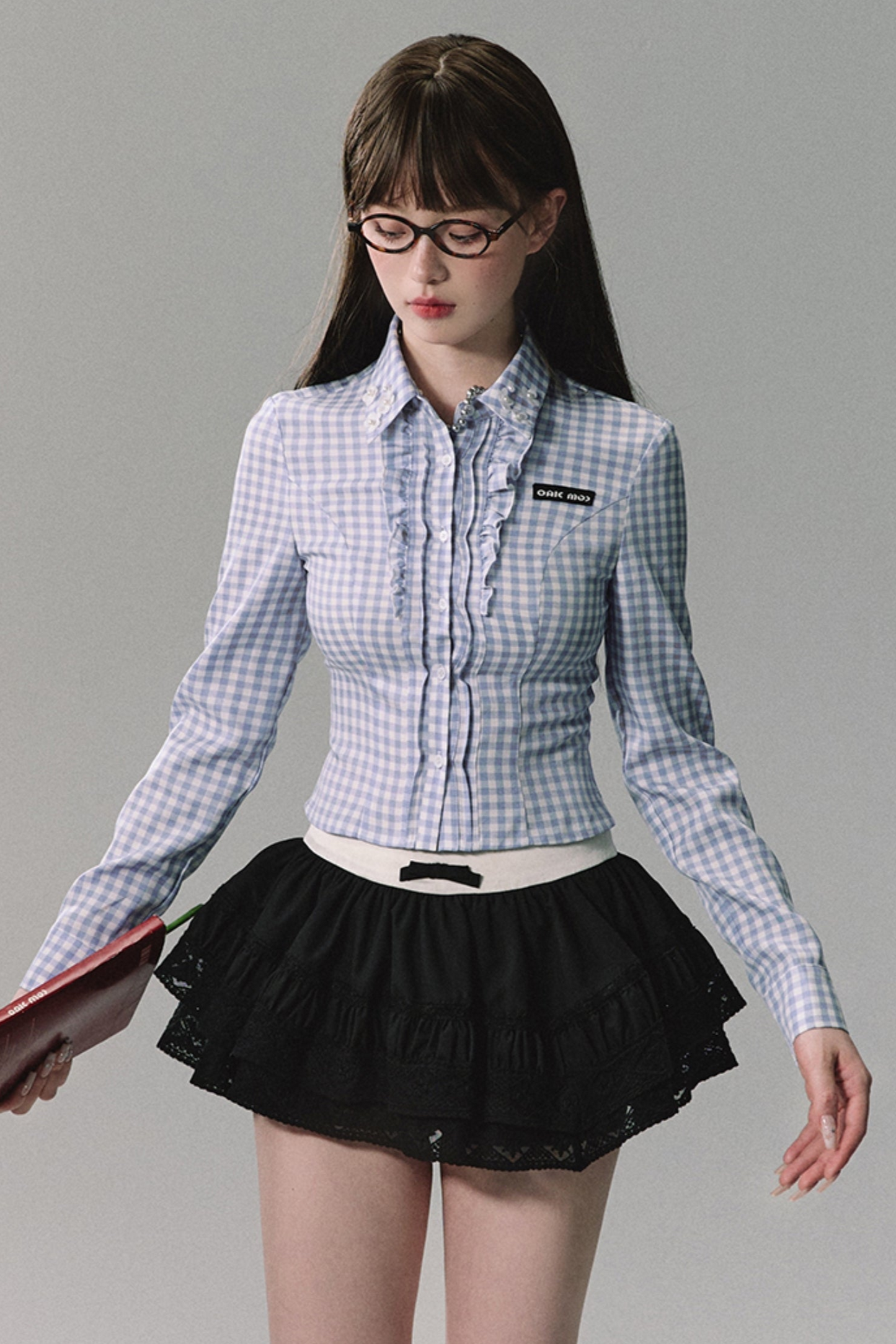 Blue White Plaid Shirt Skirt Set-Up