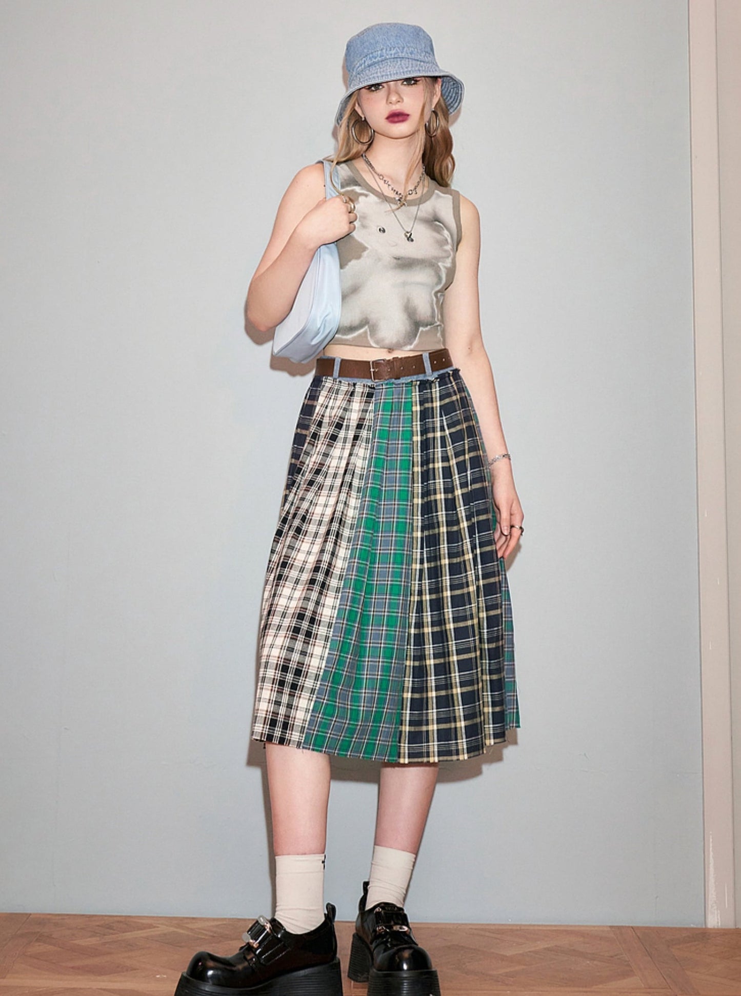 Check Stitch College Style Long Skirt