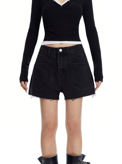 Raw-Edged Denim Shorts Pants