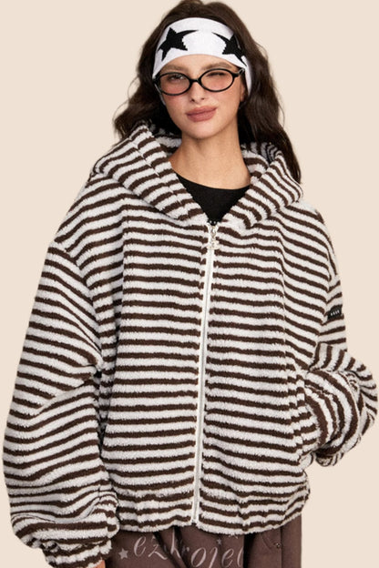 EZEK American retro striped hooded thickened cotton jacket for women in autumn and winter new loose short trendy brand cotton jacket