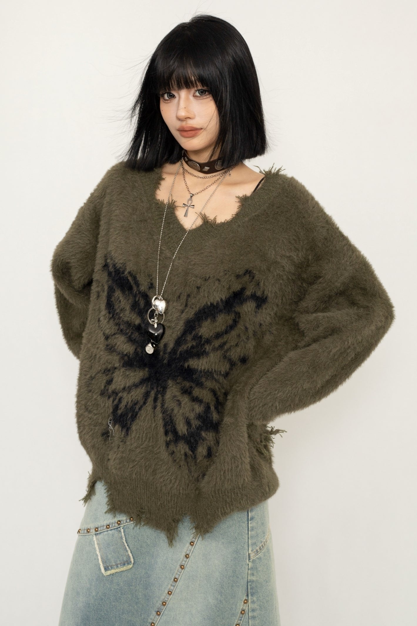 Frayed Sweater Butterfly Print Top