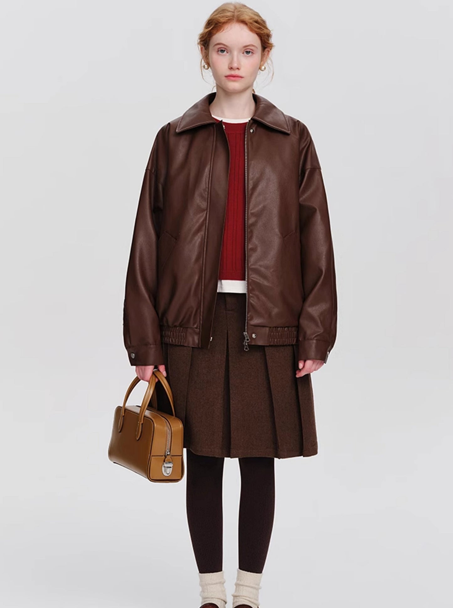 PU Brown Leather Coat