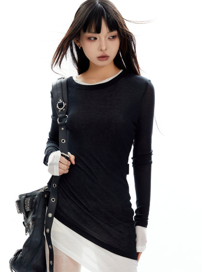 Slim Contrast Fake Two Knit Tops