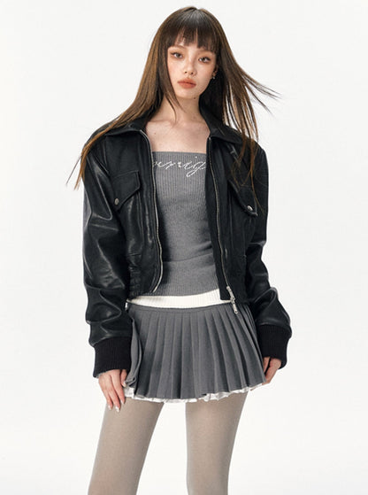 American Retro Short Black Leather Jacket