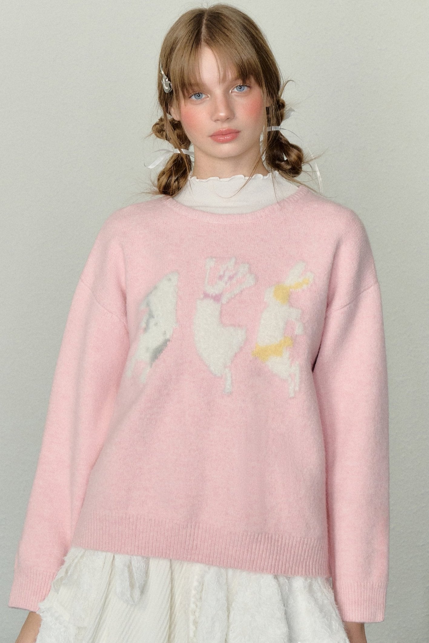 AYF Plush Bunny Sweater Fall/Winter French Vintage Sweet Lazy Loose Crew Neck Pullover Knit Sweater Women