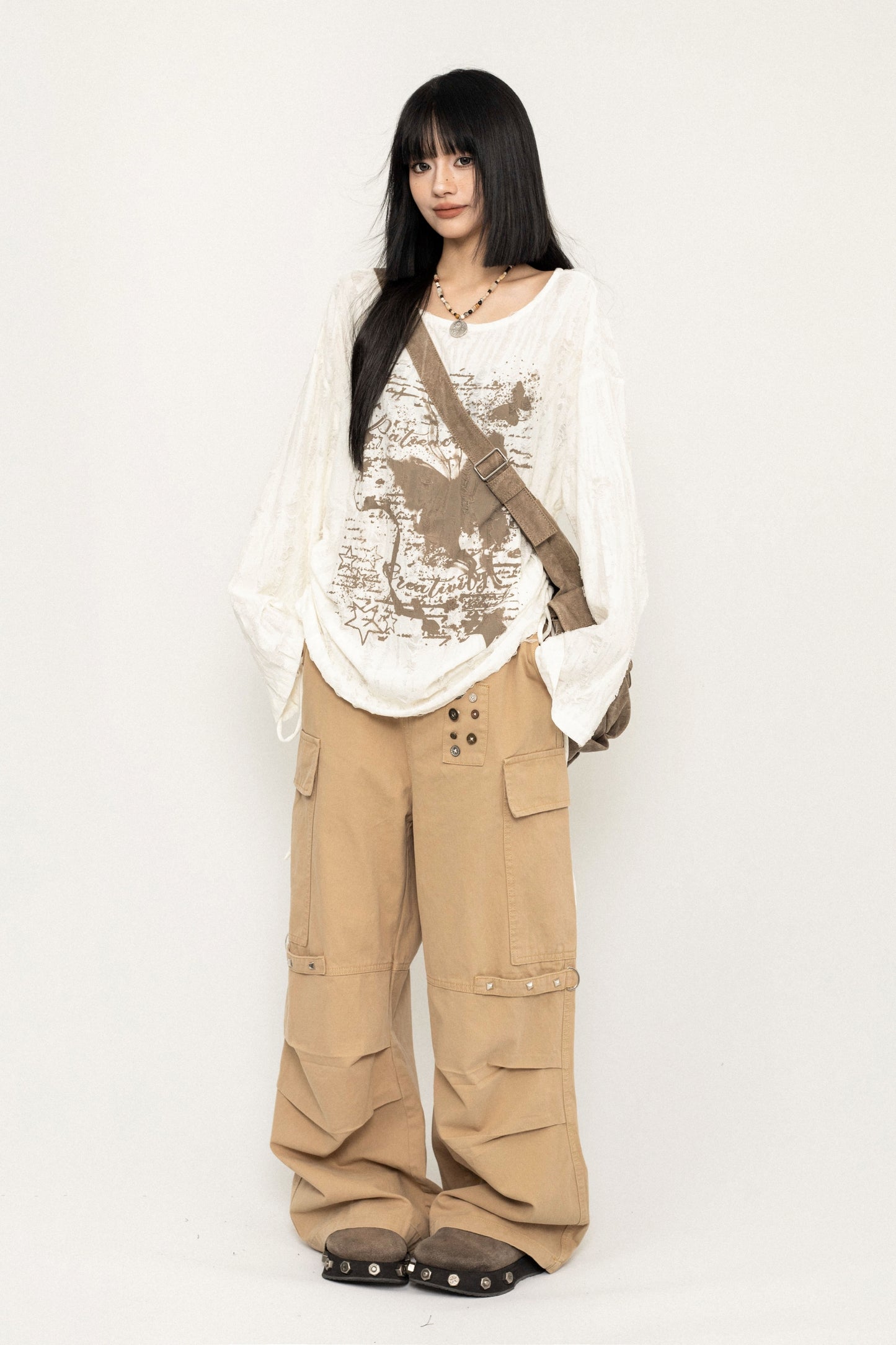 Casual Button Wide-Leg Cargo Pants