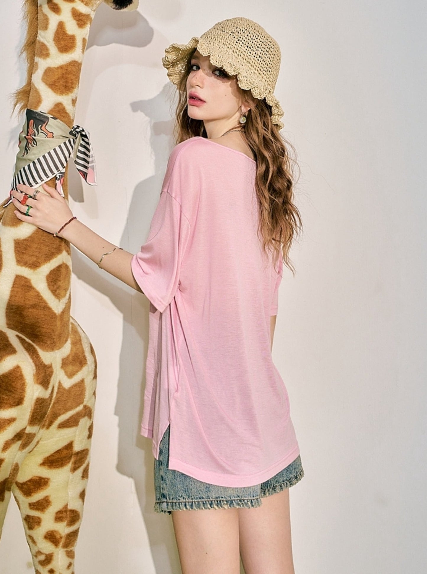 Pocket Pink V-Neck Loose T-Shirt