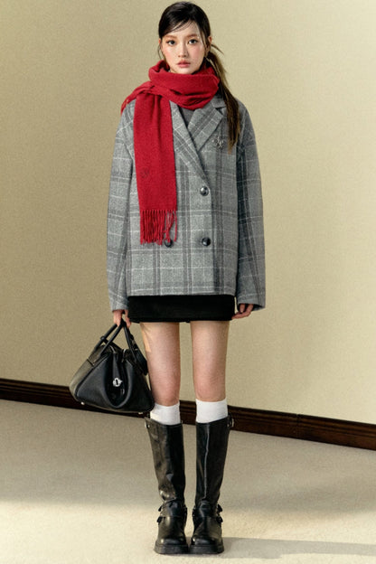 Grey Check Woolen Short Coat