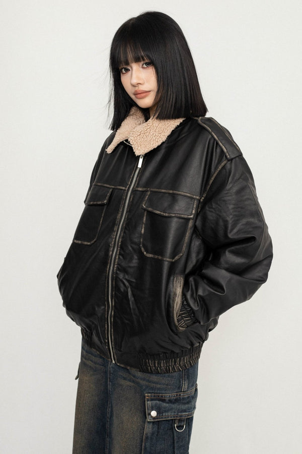 Lammwollkragen genähte Jacke 