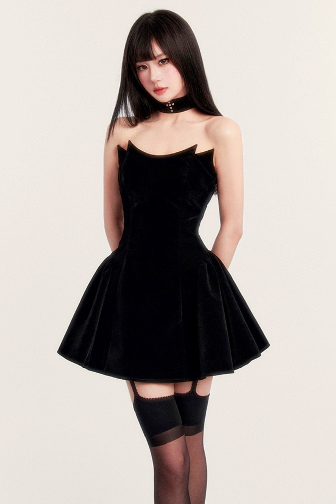 VOCK Devil's Kiss Halloween Dark Premium Bandeau Kleid Chic Velvet Slim Slim Puffy Dress