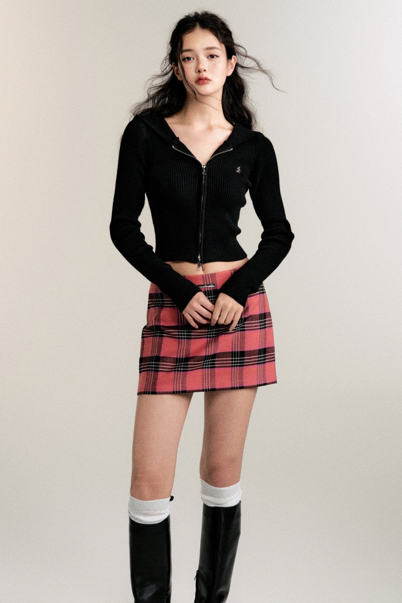 Intellectuals Pink Check Low-Rise Skirt