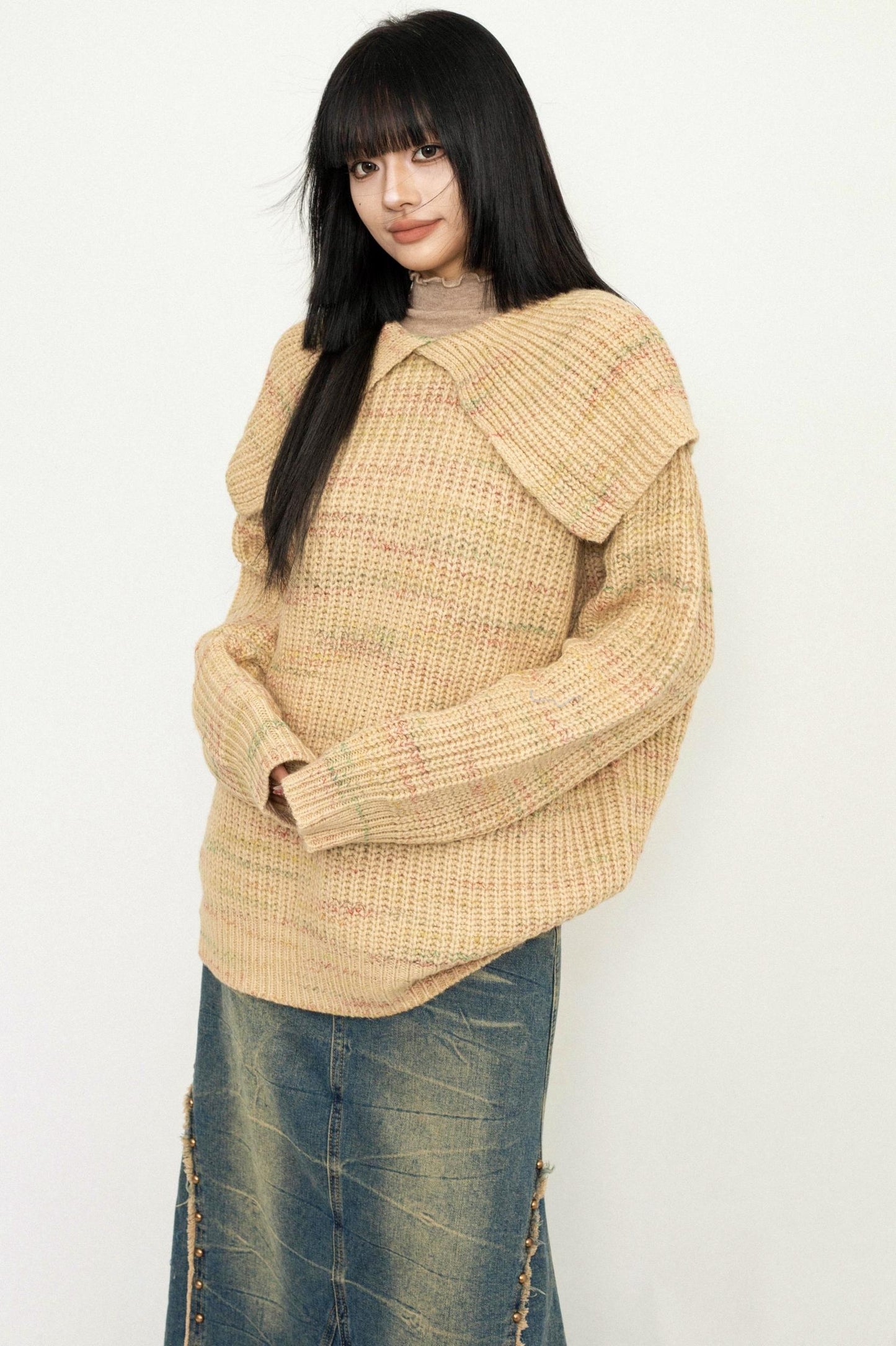 Wide Collar College Knit Sweater