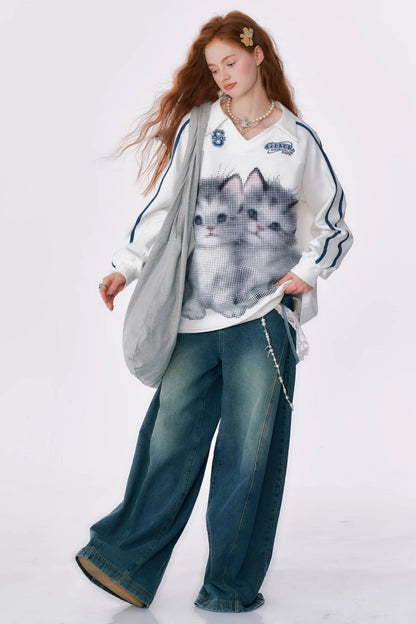 Cat Print Loose V-Neck Sweatshirt