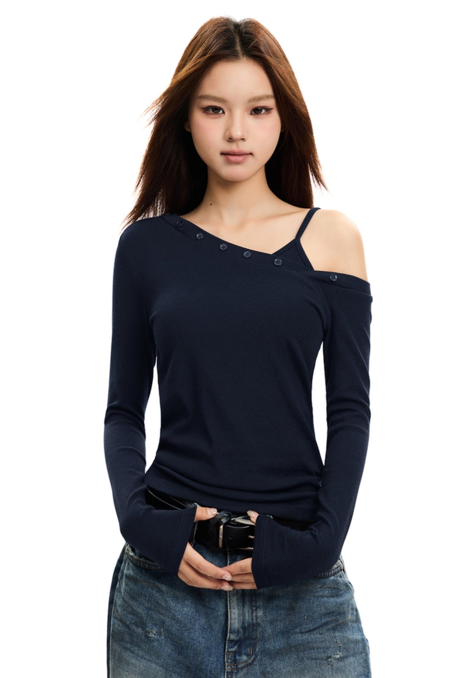 SLANTED SHOULDER IRREGULAR Button TWO-PIECE TOP