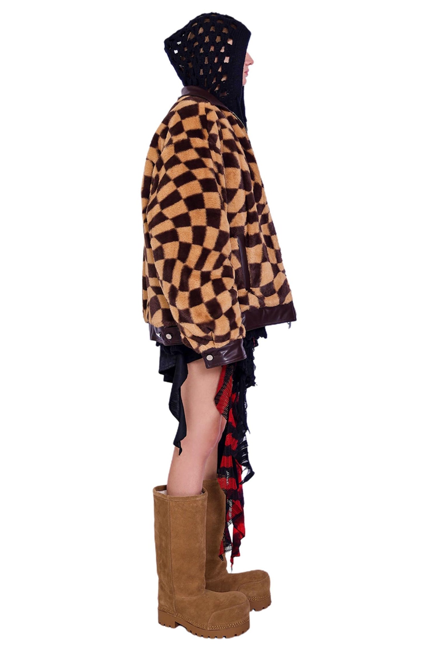 Checkerboard Plush Panel Coat