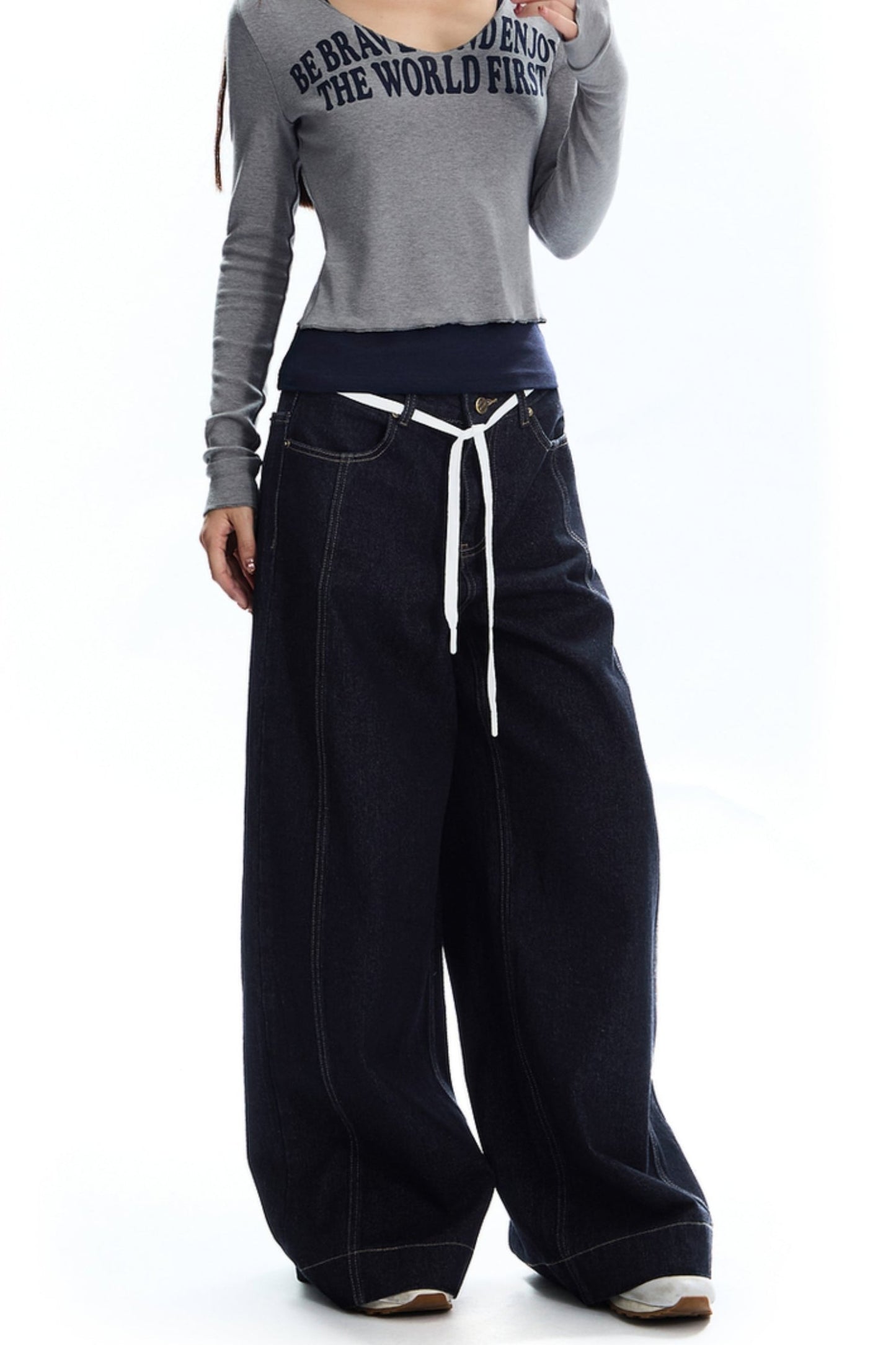 Natural Denim Wide-Leg Pants