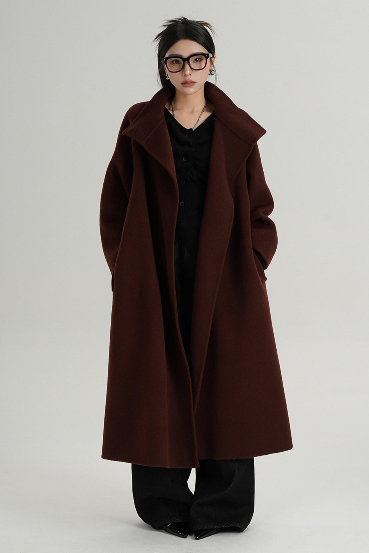 Red Long Stand-Up Collar Wool Coat