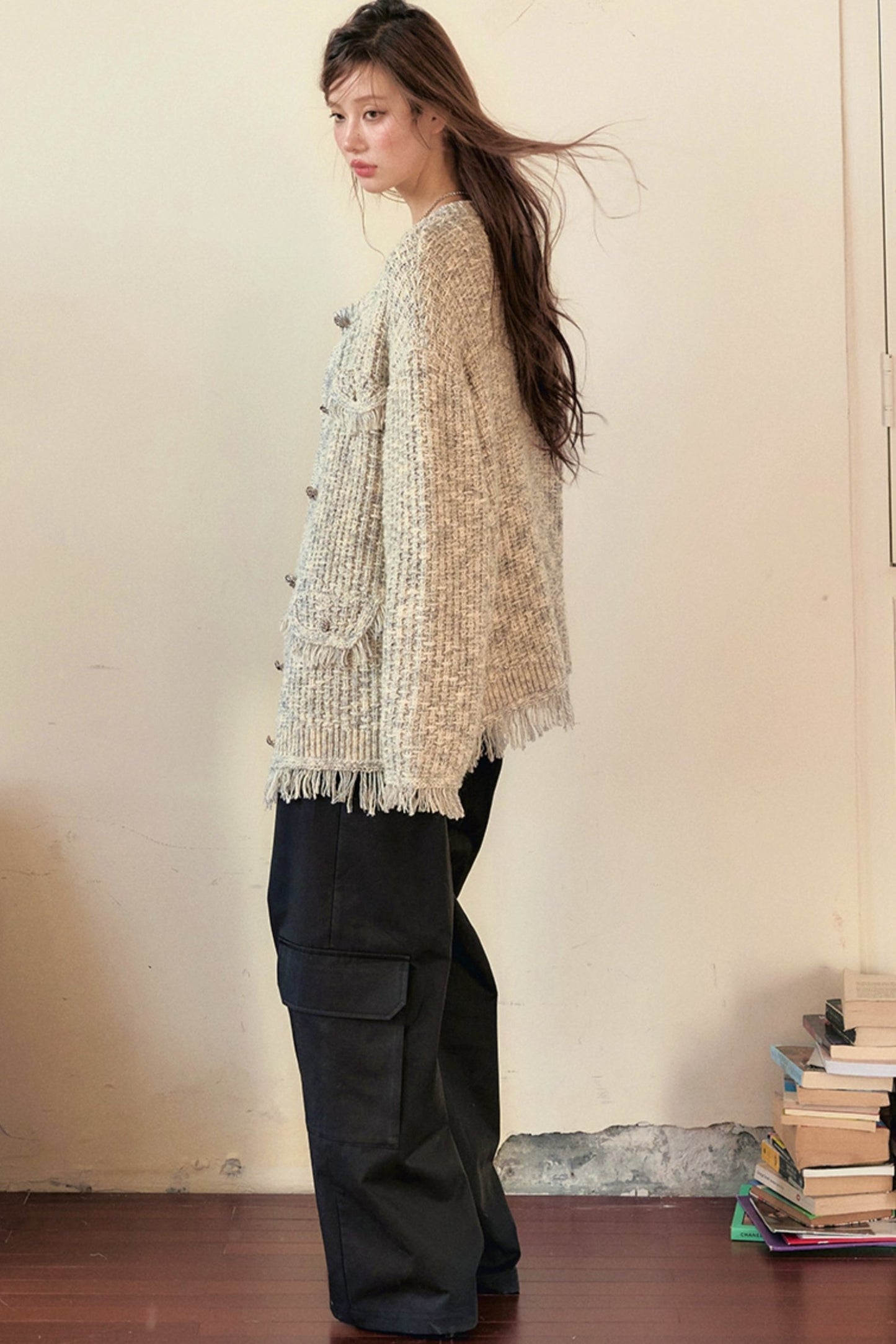 Lace Panel Sweater Jacket With Contrasting Knit Cardigan Vest