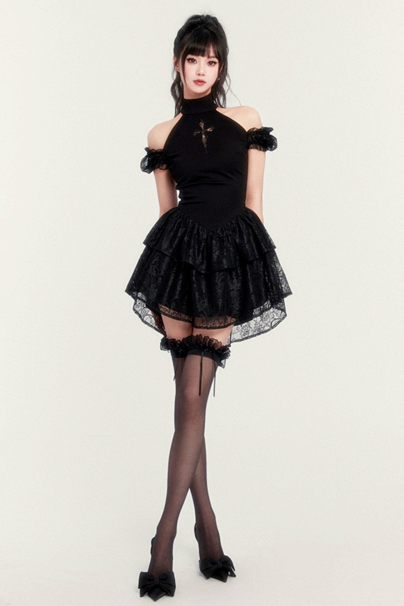 Gothic Cross Cut-Out Tutu Dress With Shorts Legging Set-UP