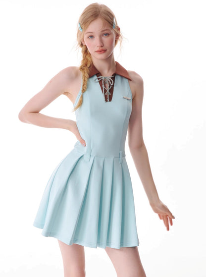 Polo Collar Lace-Up Pleated Dress