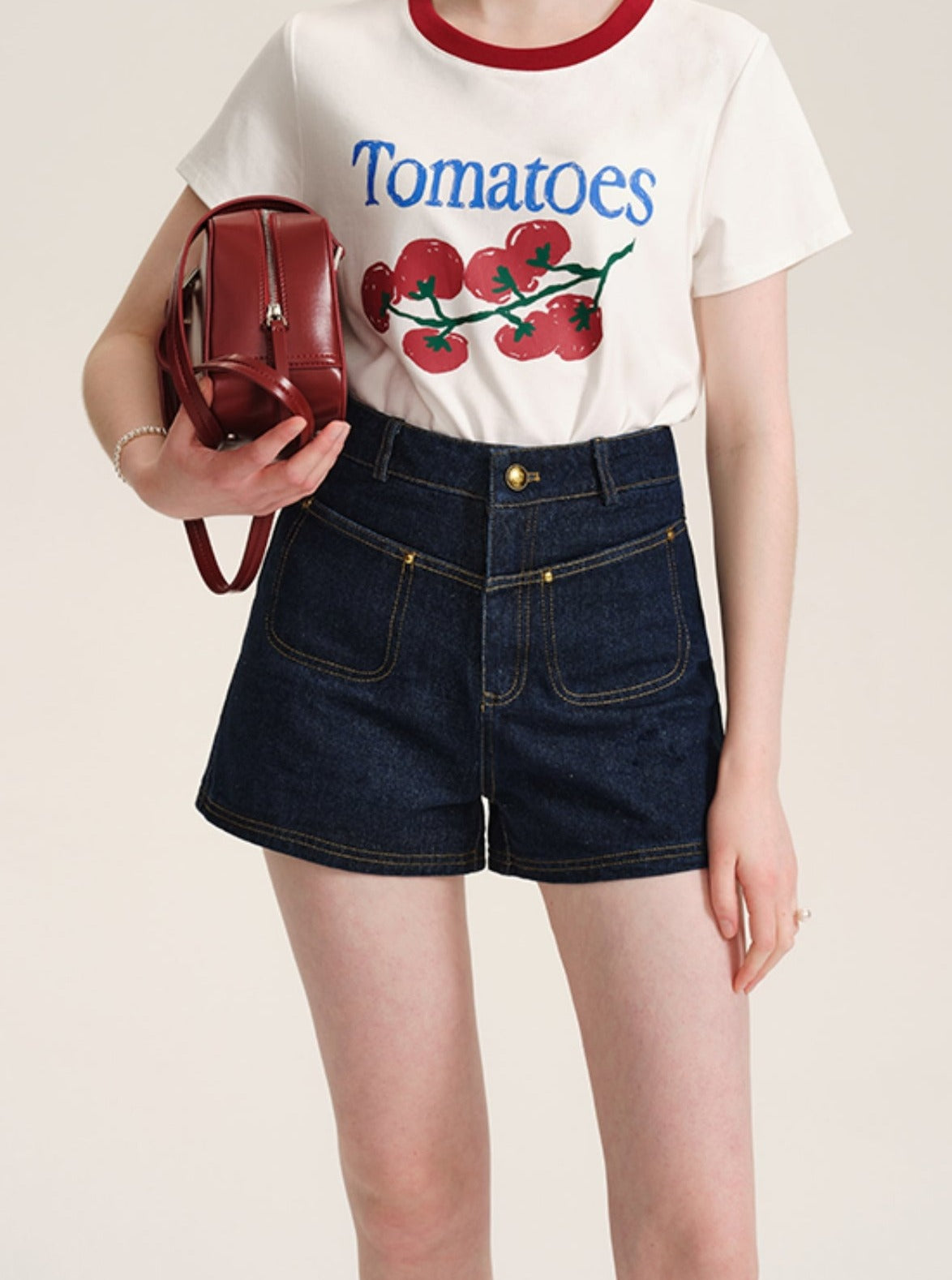 Contrast Topstitch Denim Shorts Pants