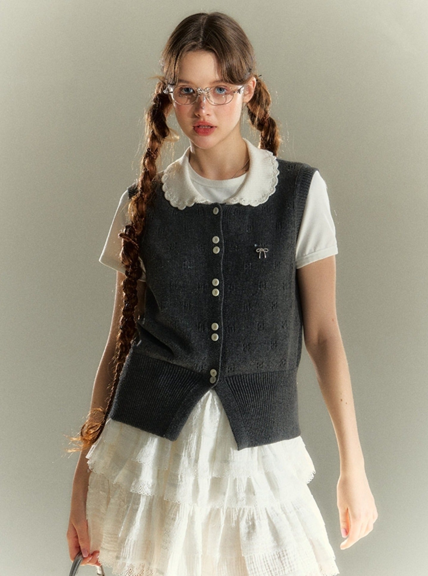 College Doll Neck Knitted Sweater Vest Top