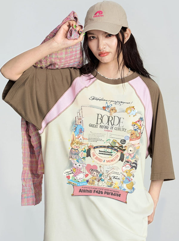 Cartoon Print Stitched T-Shirt