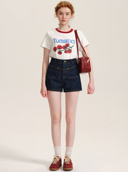 Contrast Topstitch Denim Shorts Pants