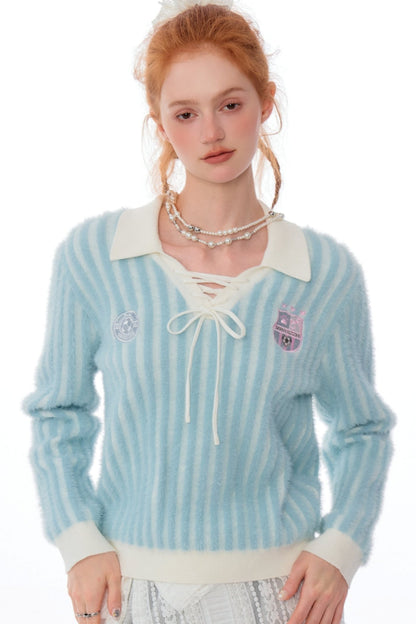 Retro Vertical Striped Polo Neck Sweater