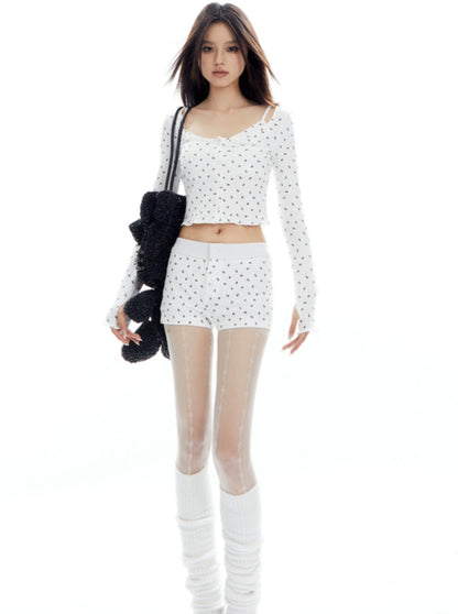 Knit Cardigan and Lace Camisole Hot Pants Set