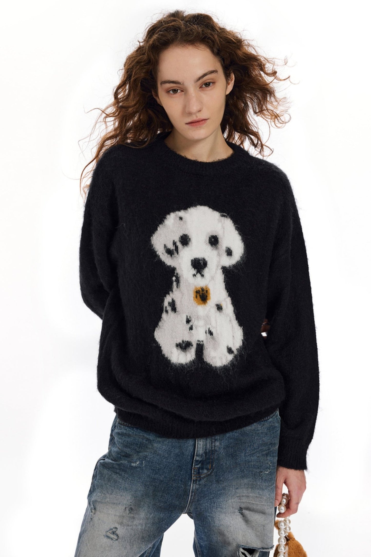 APEA American Mohair Dalmatiner Jacquard Lose Pullover Slouchy Crewneck Langärmliges Strickoberteil