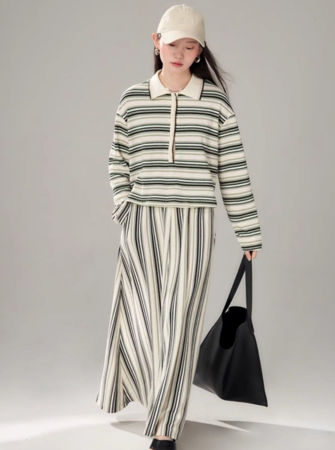 Striped Knit Long Sleeve Polo Shirt Set